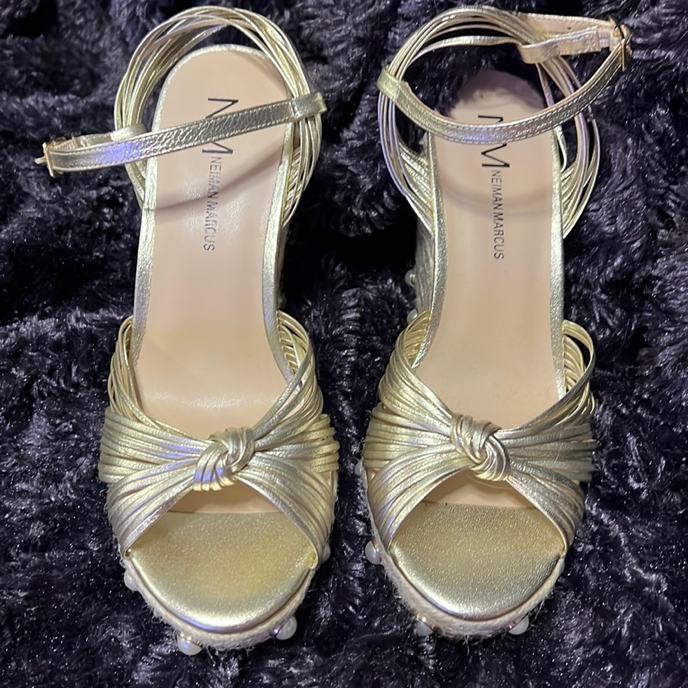 Neiman Marcus gold wedges with woven and pearls. Size 8.5 originally$199. New